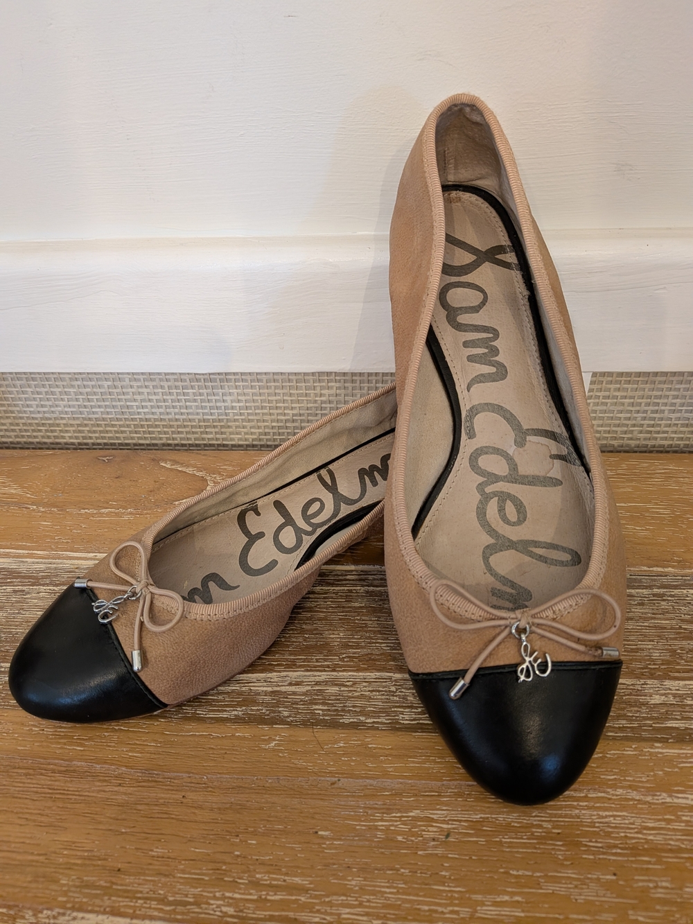 Sam Edelman Women's Leather Two-Tone Beige and Black Cap-Toe Ballet Flats